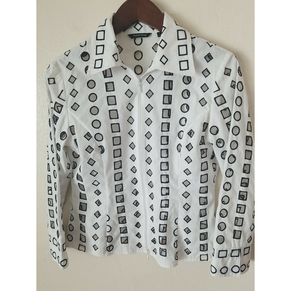 Women's Samuel Dong White Black Geometric Laser Cut Out Zipper Front Jacket S